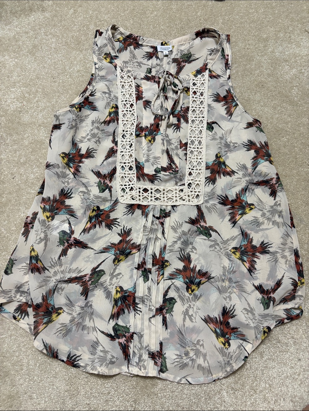 Charming Charlie Beige Bird-Print Lace-Front Camisole sheer